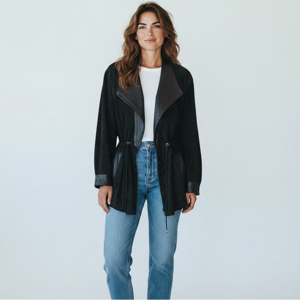 Vintage 90's Danier Canada Suede‎ Leather Zip Front Long Line Cinched Jacket M